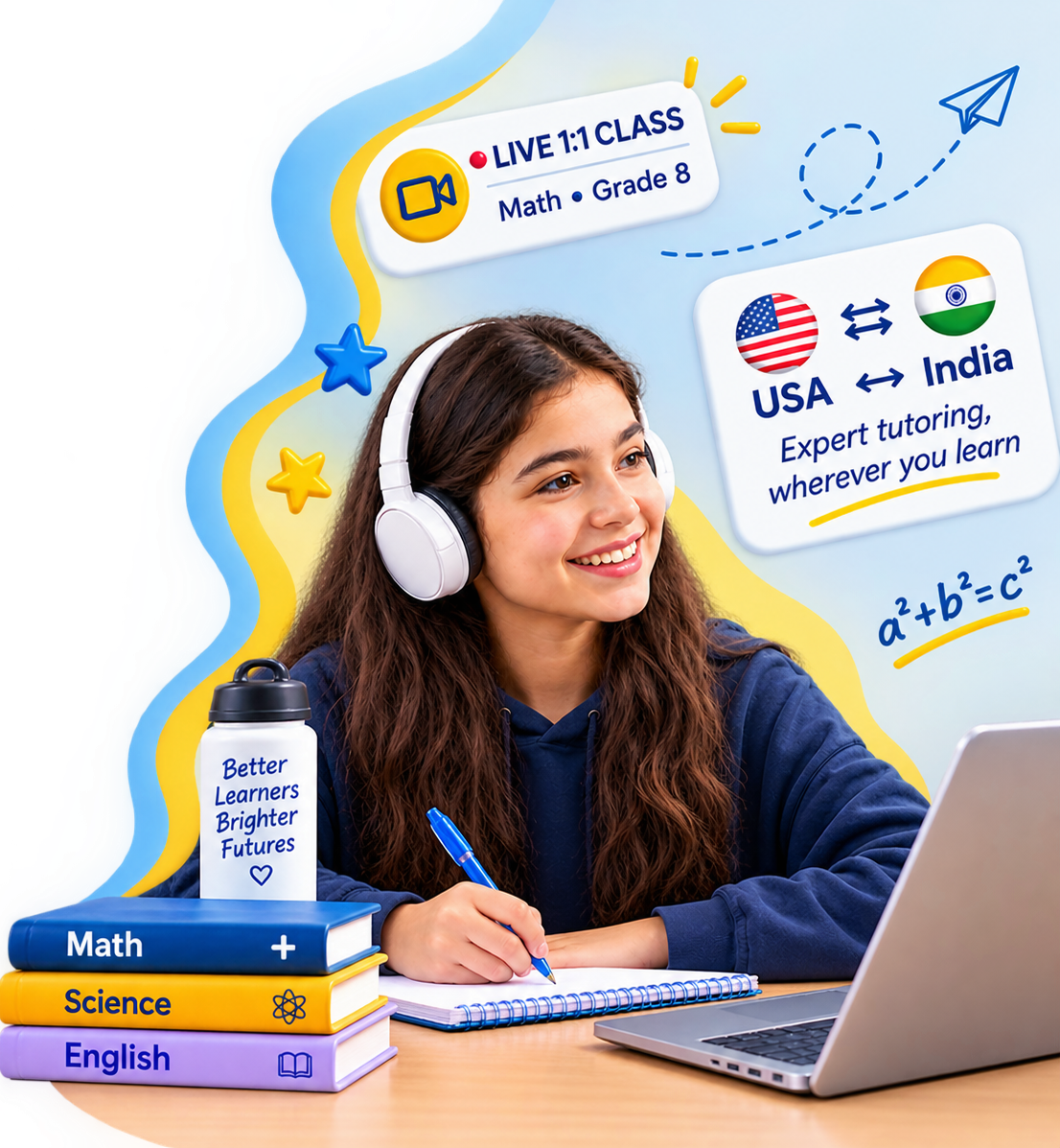 Indian student attending a live online tutoring class at home