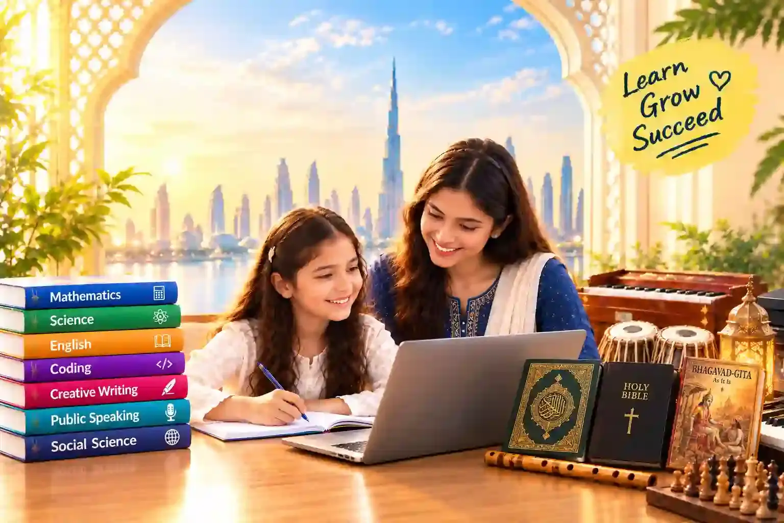 Daughter and mother learning together with an online Indian tutor — Gulf family tutoring session