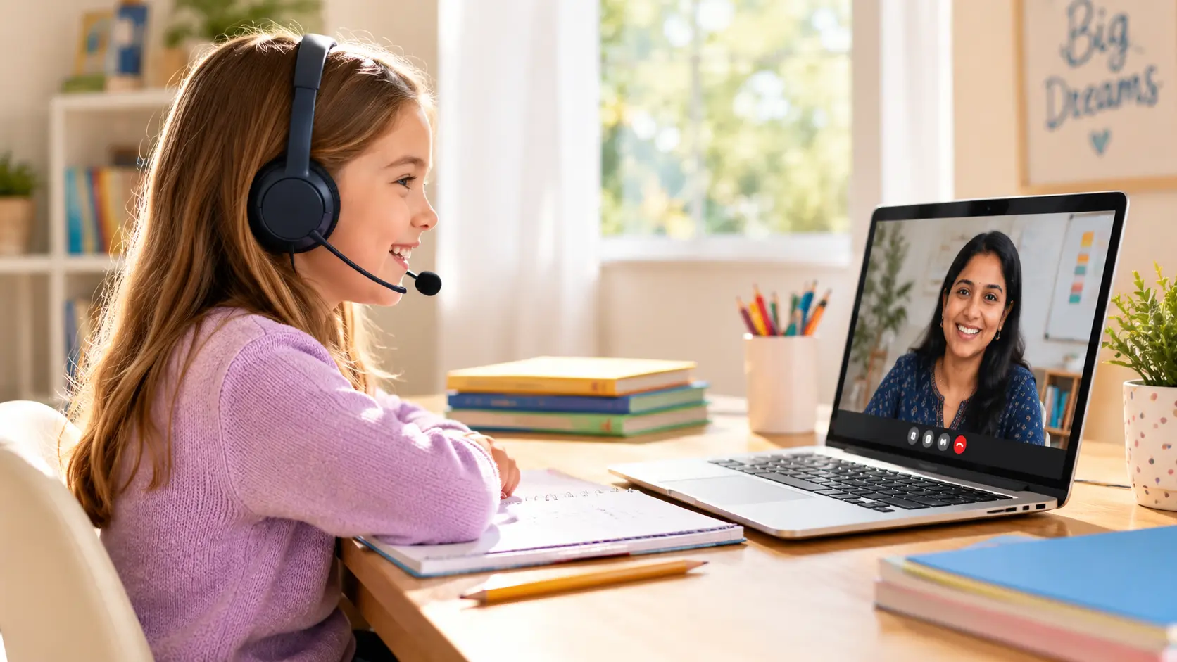 Young student learning online with a tutor