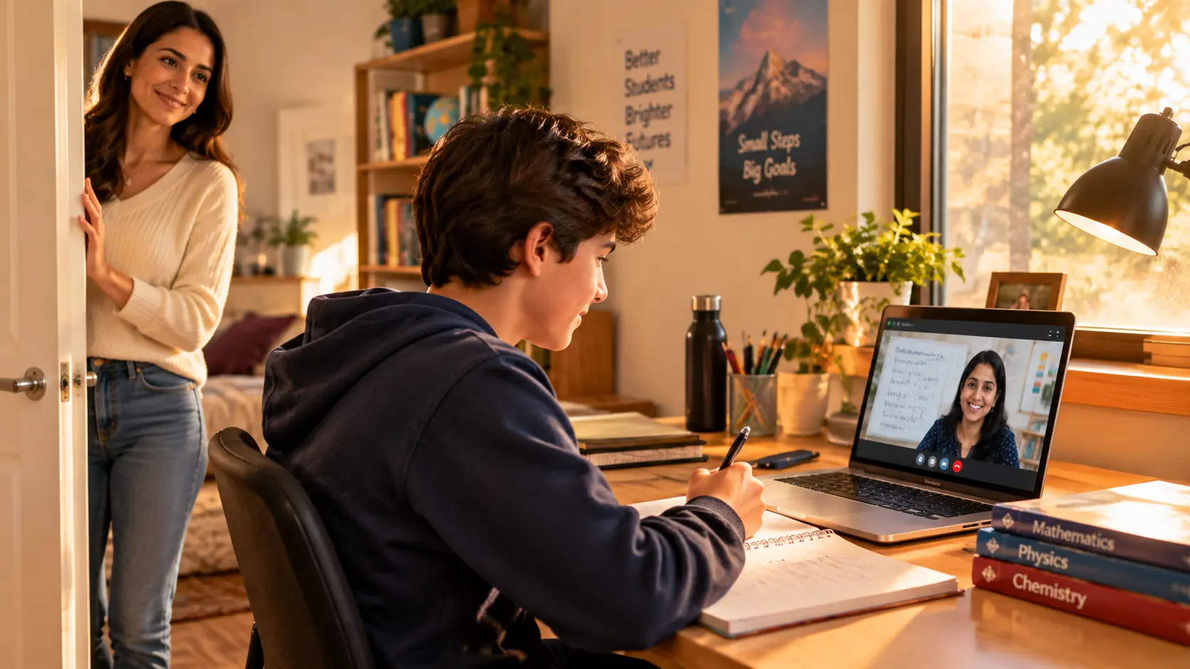 Parent watching child learn online from home